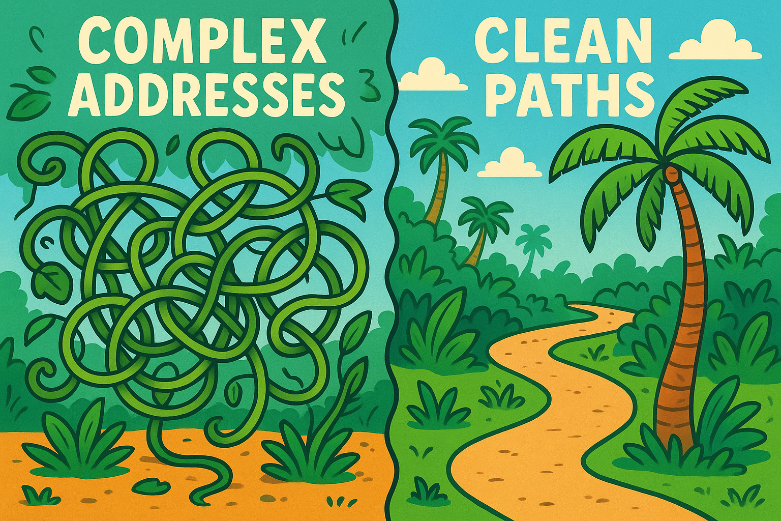 An illustration showing the contrast between complex hexadecimal addresses and simple domain names.